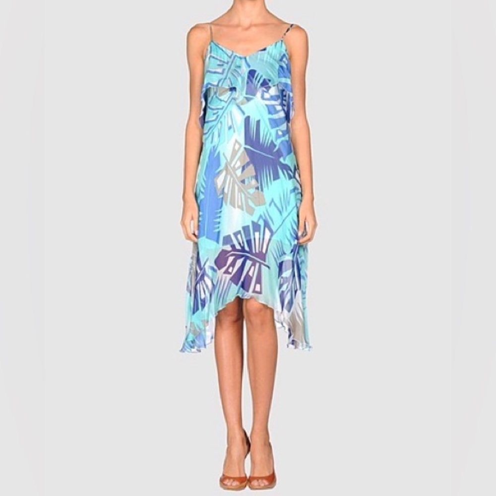Multi color Blue silk dress asymmetrical midi